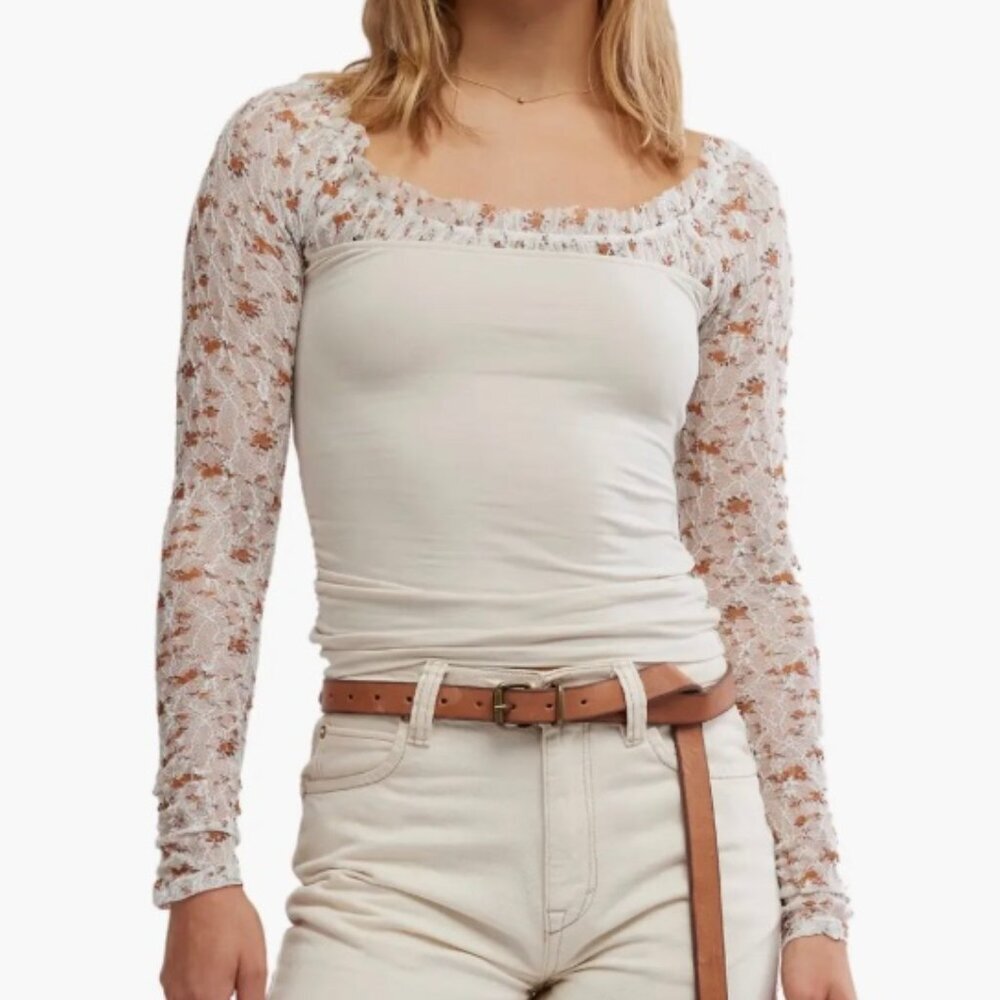 Free People Josie Lace Long Sleeve Shirt XS Tea Combo NWT Retail $68
